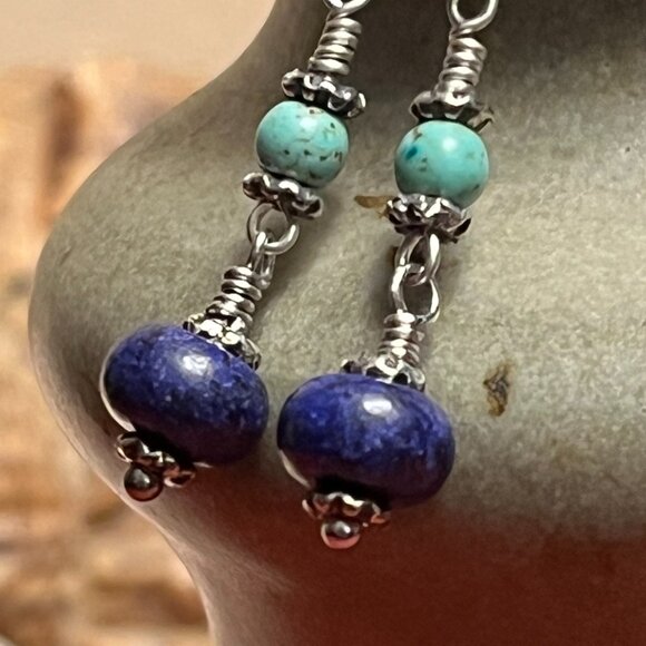 Handmade Jewelry - Lapis Lazuli & Turquoise Stone Earrings, Boho Gemstone Dangle Earrings